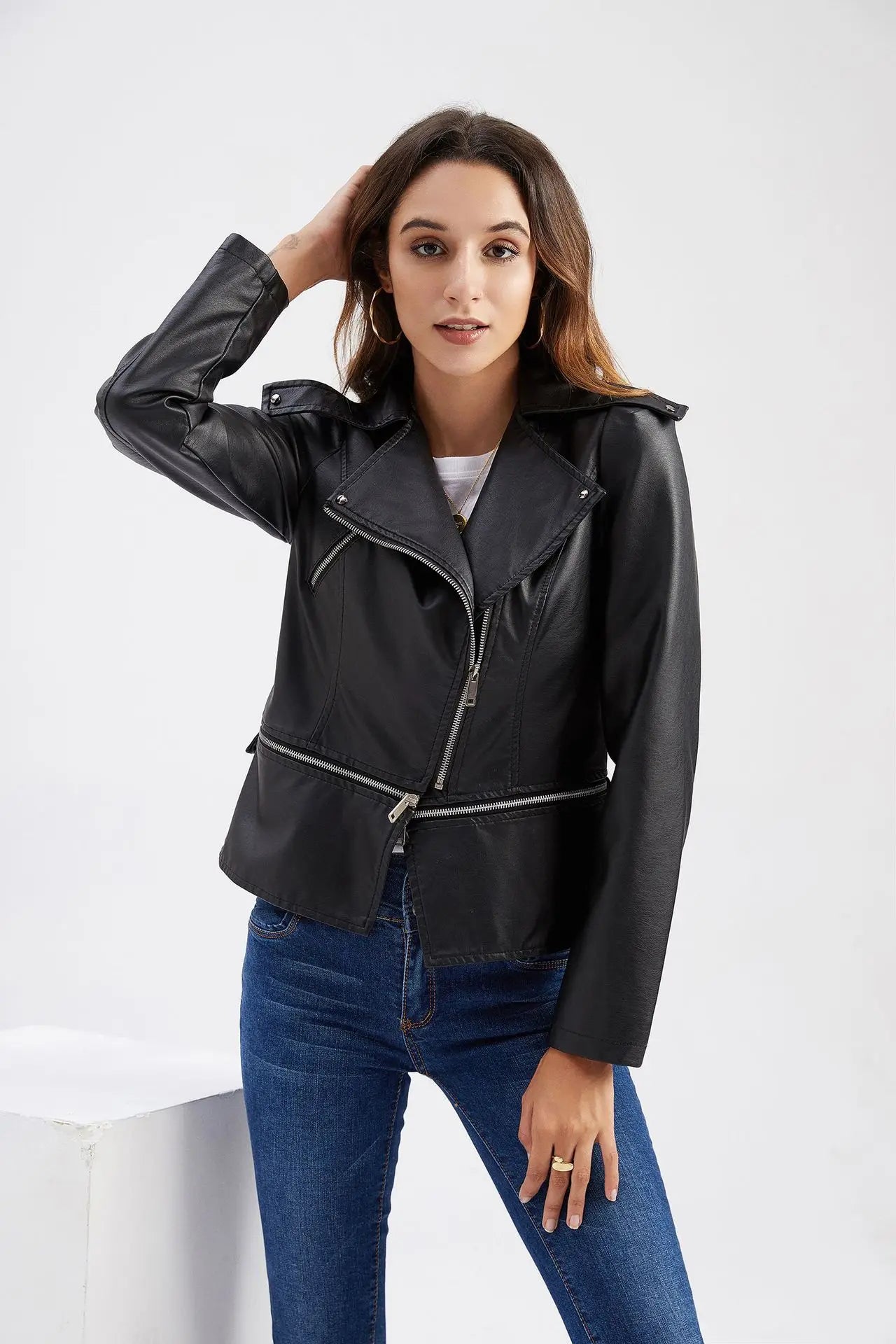 2024 Spring Autumn Women's Leather Jacket Female Detachable Hem Lapel Zipper Casual Coats Women's Locomotive Windbreaker