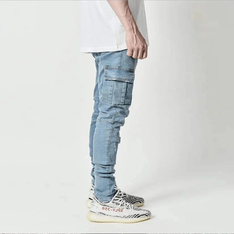 Men's Fahsion Elastic Slim Fit Jeans Men Cargo Denim Pants Solid Color Multi Pockets Casual Skinny Male Trousers mens clothing