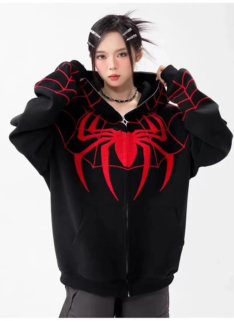 Gothic Y2k Anime Embroidery Zipper Spider Hoodies Men Sweatshirt Clothes Harajuku Oversize Hip Hop Long Sleeve Hoodie Men Women - reetell