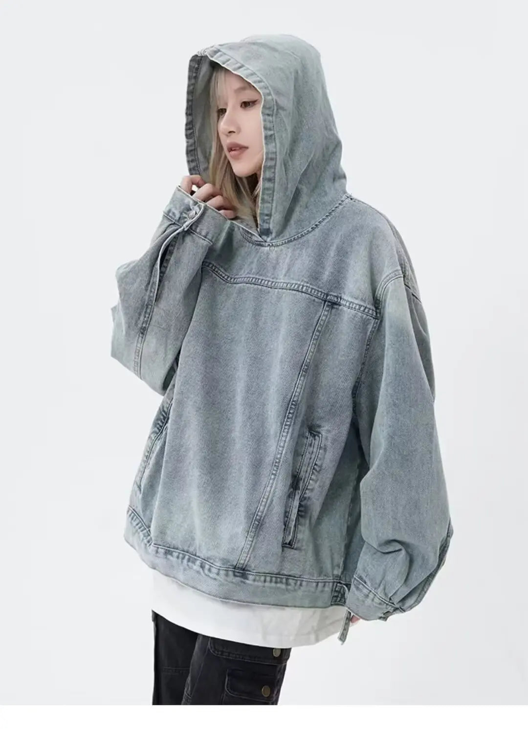 Spring Autumn Women Denim Hoodies Harajuku Streetwear Ladies Jean Pullover Tops Vintage Couple Long Sleeve Hooded Sweatshirts - reetell