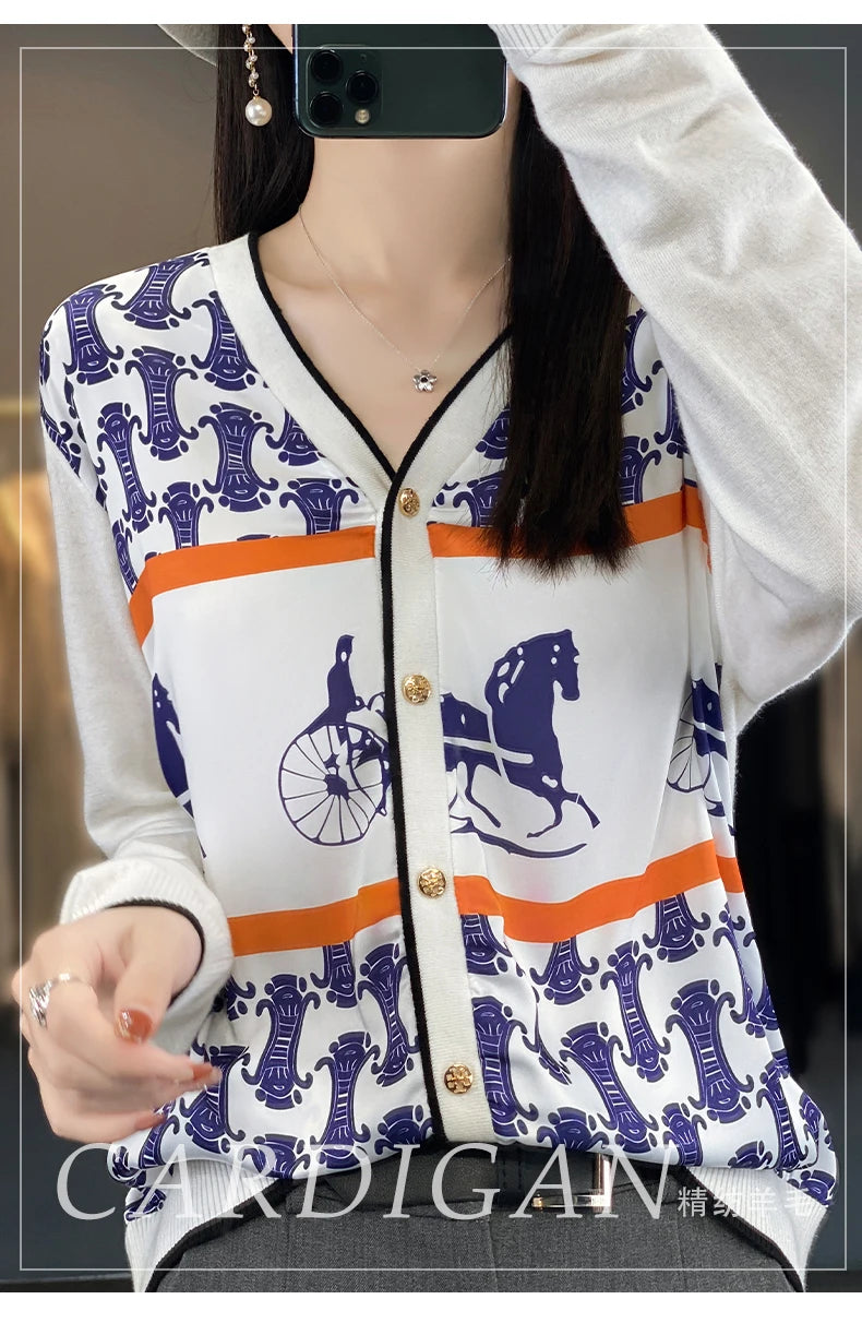 Spring and Autumn New Woven Wool Cardigan Women's V-neck Color Matching Sweater Thin Loose Silk Printed Long Sleeve Knitted Jack - reetell