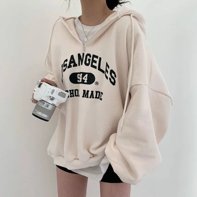 Fashion Letter Print Sweatshirts Women Autumn Winter Loose Preppy Thick Warm Hoodies Harajuku Casual Zipper Hooded Pullovers - reetell