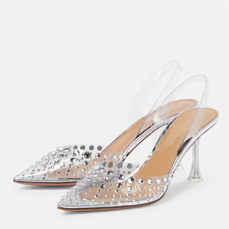 Bling Bling Rhinestones Transparent PVC Women Pumps Fashion Summer Slingbacks Clear Crystal High heels Female Wedding Prom Shoes