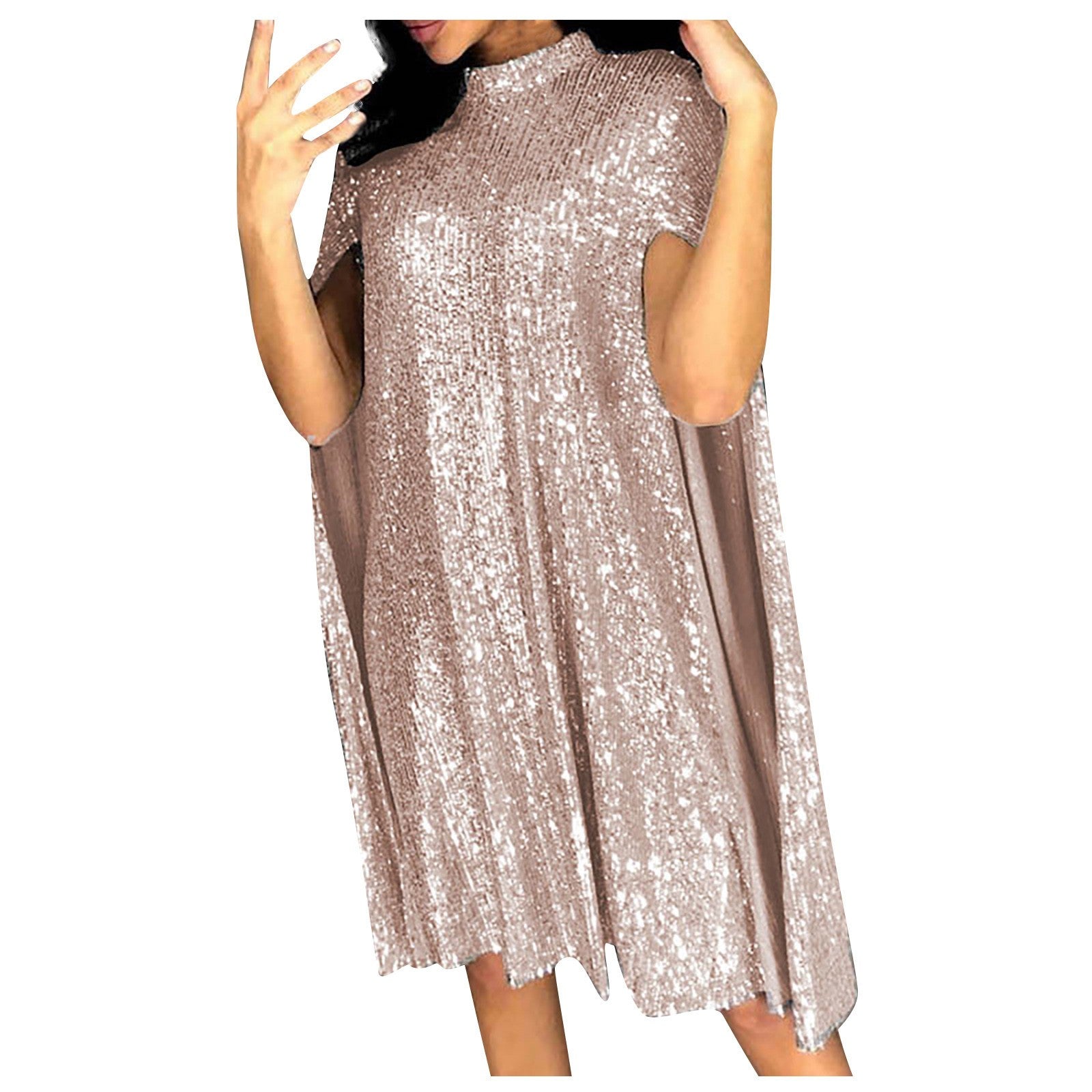 Sequin Party Dresses For Women 2024 Golden Elegant Cloak Sleeve Patchwork Loose Evening Dress Silver Sexy Club Vestidos Female - reetell