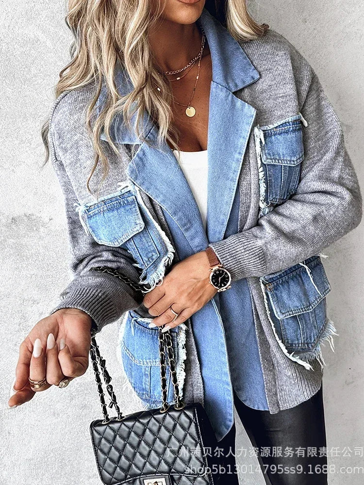 Raw Hem Cardigan Women Sweaters Patchwork Notched Collar Knitted Denim Jackets Jumpers Pockets Thick Coats Autumn Winter Outwear - reetell