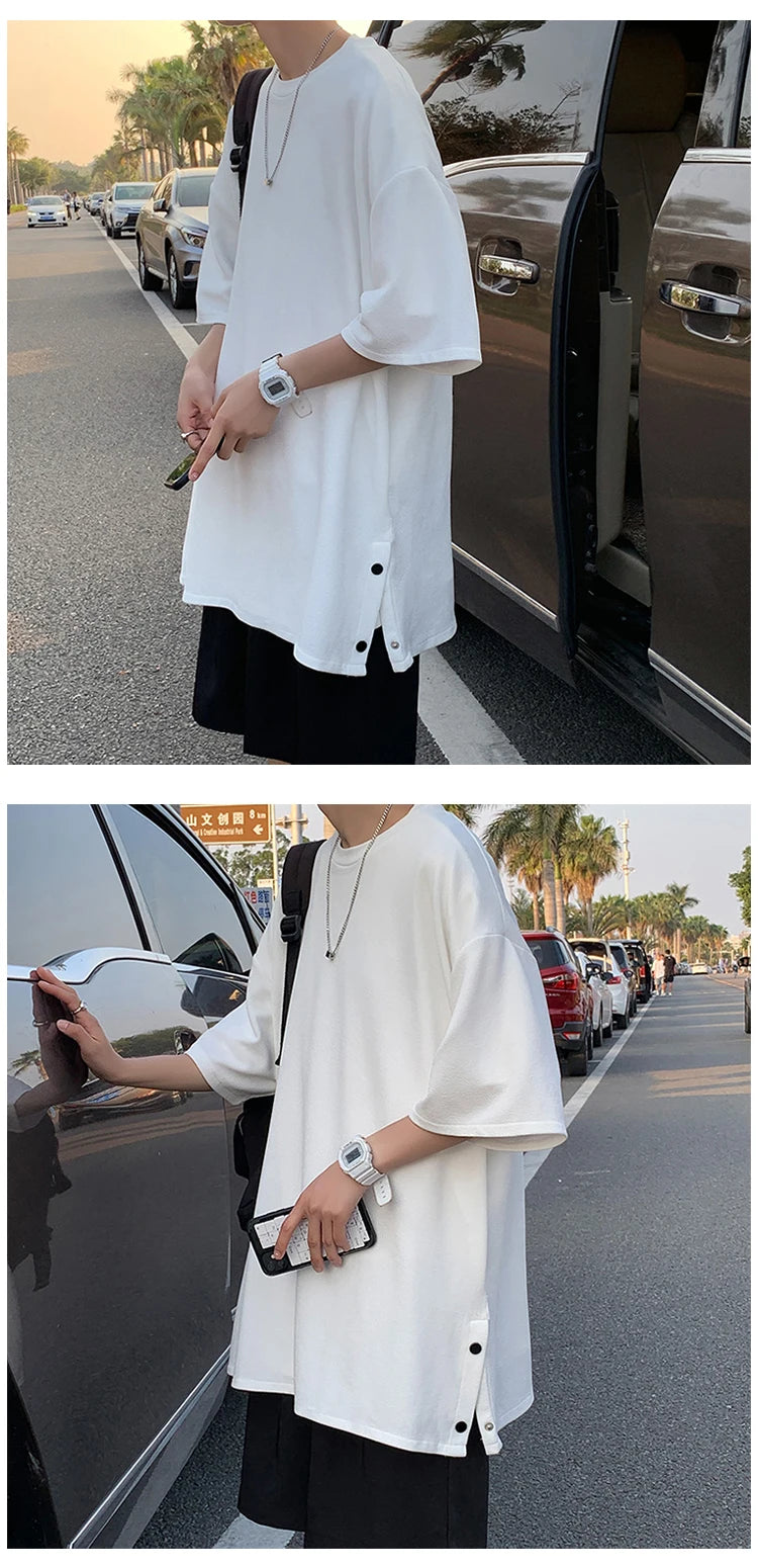 Plus Size 5XL-M Men's Side Slit T-shirt Solid Color t shirt Men Women Causal O-neck Basic Tshirt Male Oversized Tops 4 Colors - reetell