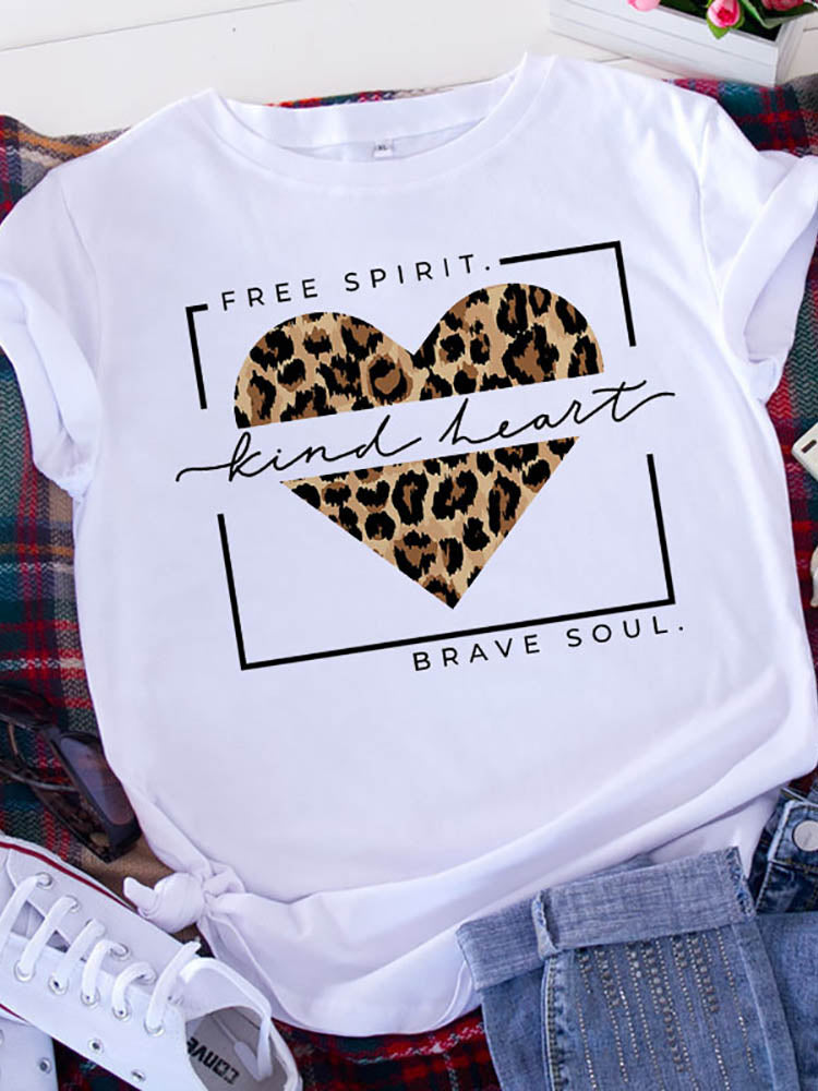 T-shirt Graphic Printed T Shirt Free Spirit Brave Soul Women Short Sleeve Leopard Love Tshirt Valentine's Day Heart Woman Tee - reetell