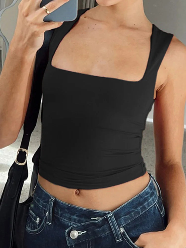 Sleeveless  Collar Crop Top Women Tank Tops Casual   Y2K  Summer 2024  Black T Shirts Sexy - reetell