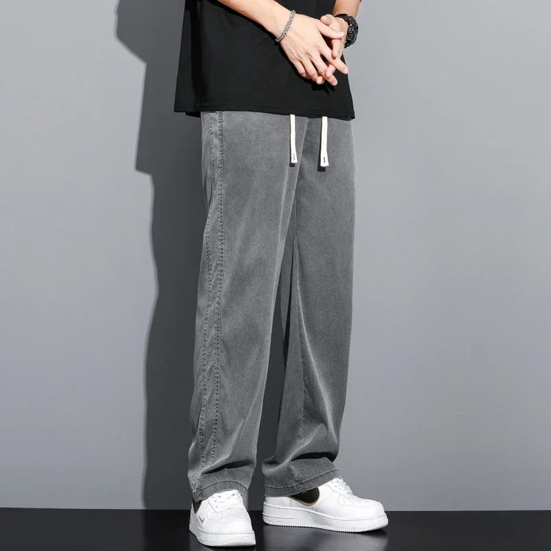 S-5XL 6Style,Men's Loose Jeans Summer Soft Lyocell Thin Fabric Straight Pants Drawstring Elastic Waist Korea Casual Trousers,Y2K - reetell