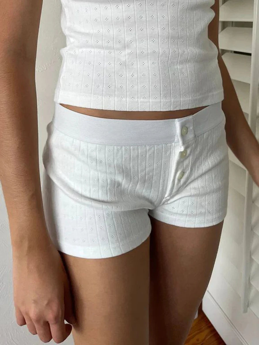 Eyelet Cotton Solid Home Boy Shorts Summer Three Buttons Patchwork Elastic Waist Straight Short Pant Sweet Cute Woman Underwear - reetell