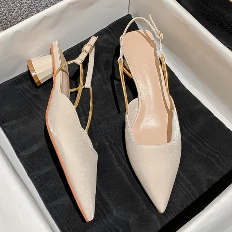 2024Summer Pointed Toe Silk Pumps Women Back Strap Buckle Thick Heels Sandals Woman Shallow Mouth Party Shoes Ladies