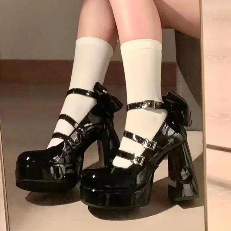 Spring Punk  Chunky Platform High Heels Pumps Women Thick Heel Mary Jane Lolita Shoes Woman Patent Leather Cosplay Shoes