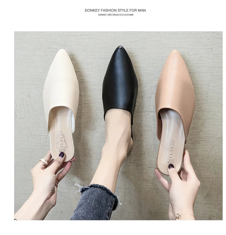 Women Spring Summer Slippers Mules Soft Leather Pointed Toe Slip On Sandalias Soild Mature Fashion Casual Low-heeled Shoes Mujer