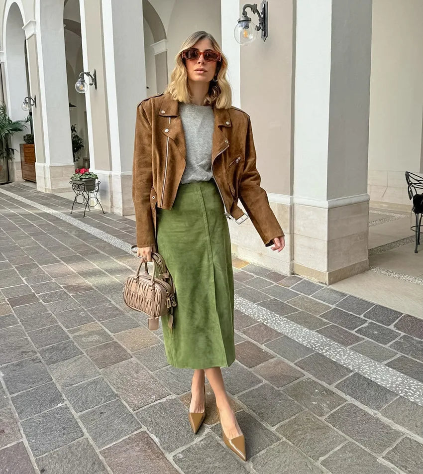 Fashion High Waisted Suede Straight Leg Skirt Women Spring Autumn Green Elegant Split Ziped Slim Mid Length Skirts Female New - reetell