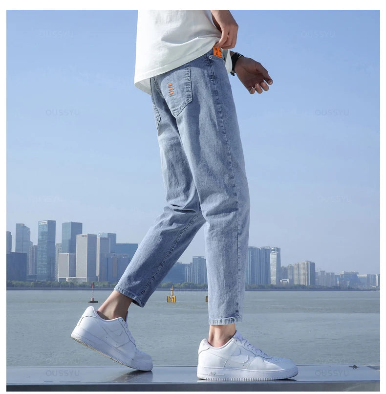 2024 New Men's Stretch Ankle Length Jeans Light blue Fashion Casual Cotton Slim Fit Denim Pants Korean Trousers Male Brand Cloth - reetell