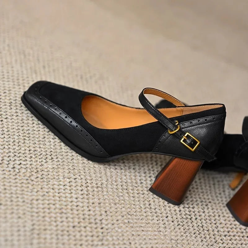 2024 Mary Janes Vintage Black Sandals Woman Buckle Non-Slip Casual Medium Heels Office Ladies Solid Elegant Heels Korean Summer - reetell