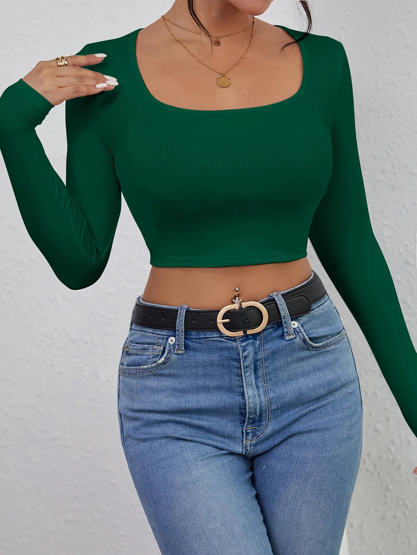 Slim fit short sexy top with exposed navel  casual long sleeved solid color T-shirt  square neck vest   women's clothing - reetell