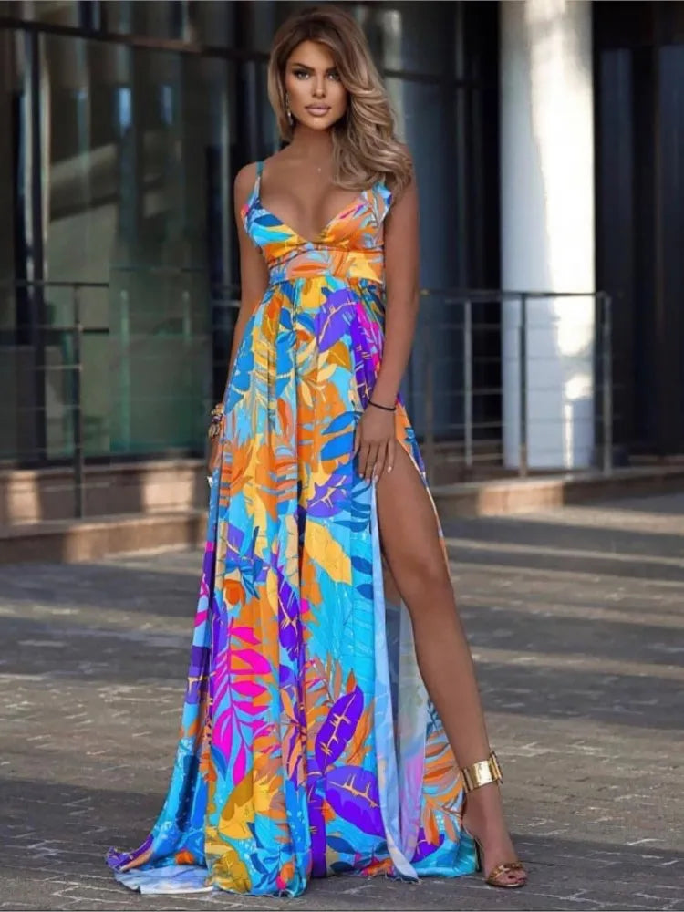 Color Print Spaghetti Strap Long Dresses Women Sexy Deep V-neck Backless Slit Dress Fashion Bohemian Beach Vacation Maxi Vestido - reetell