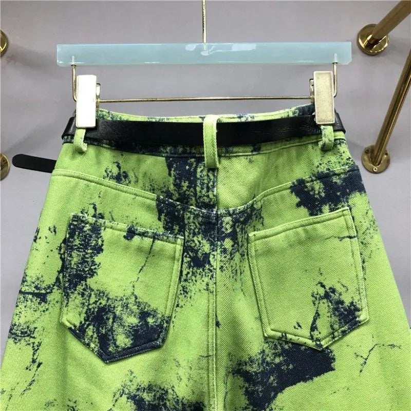 European Goods Heavy Industry Fashion Tie Dye Green Jeans Women's New Spring Summer High Waisted Loose Fit Slimming Harun Jeans - reetell