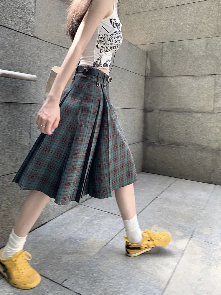 Korean style Preppy Fashion Vintage Plaid Summer Women Midi Skirt High Waist Pleated A-line Temperament Loose Y2K Skirt - reetell