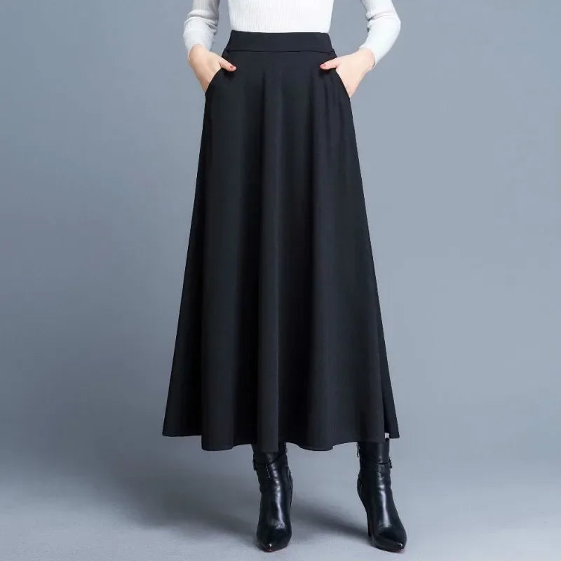 2024 Autumn and Winter Solid Color Woolen Skirt Big Hem A- Line Skirt High Waist Long Woman Skirts Mujer Faldas Saias Mulher - reetell