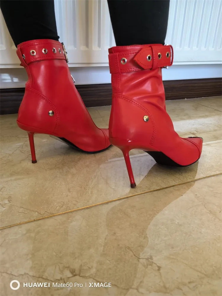 Belt Buckle Front Zipper Fashion Show Short Boots Women's Autumn Winter New Pointed Metal Decoration Red High Heels Ankle Boots