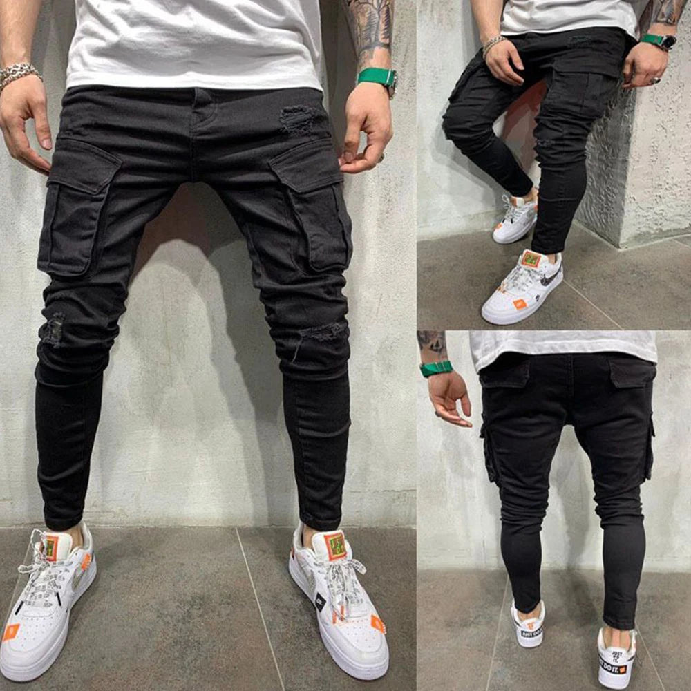 Fashion Streetwear Ripped Skinny Jeans Men Side Mulit Pockets Denim Cargo Pants Slim Fit Pantalones Hombre Soft Elastic Joggers - reetell