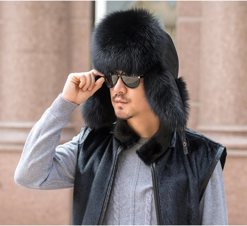 Winter Men's 100% Real Silver Fox Fur Bomber Hat Raccoon Fur Ushanka Cap Trapper Russian Man Ski Hats Caps Real Leather