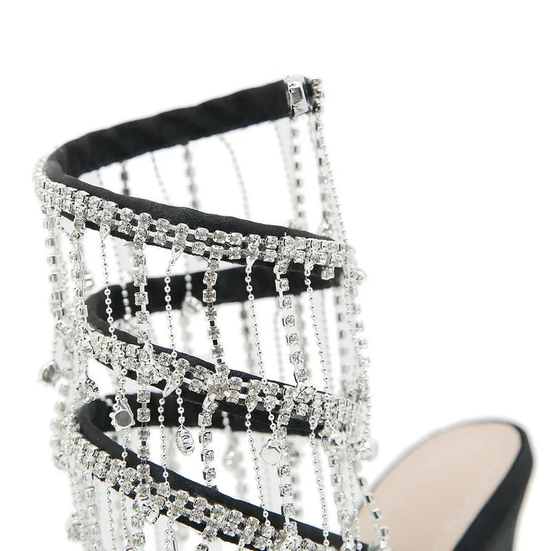 Runway style Bling Bling Crystal Tassels Snake Coiled Women Sandals Sexy Stiletto High heels Summer Fashion Party Prom Shoes - reetell