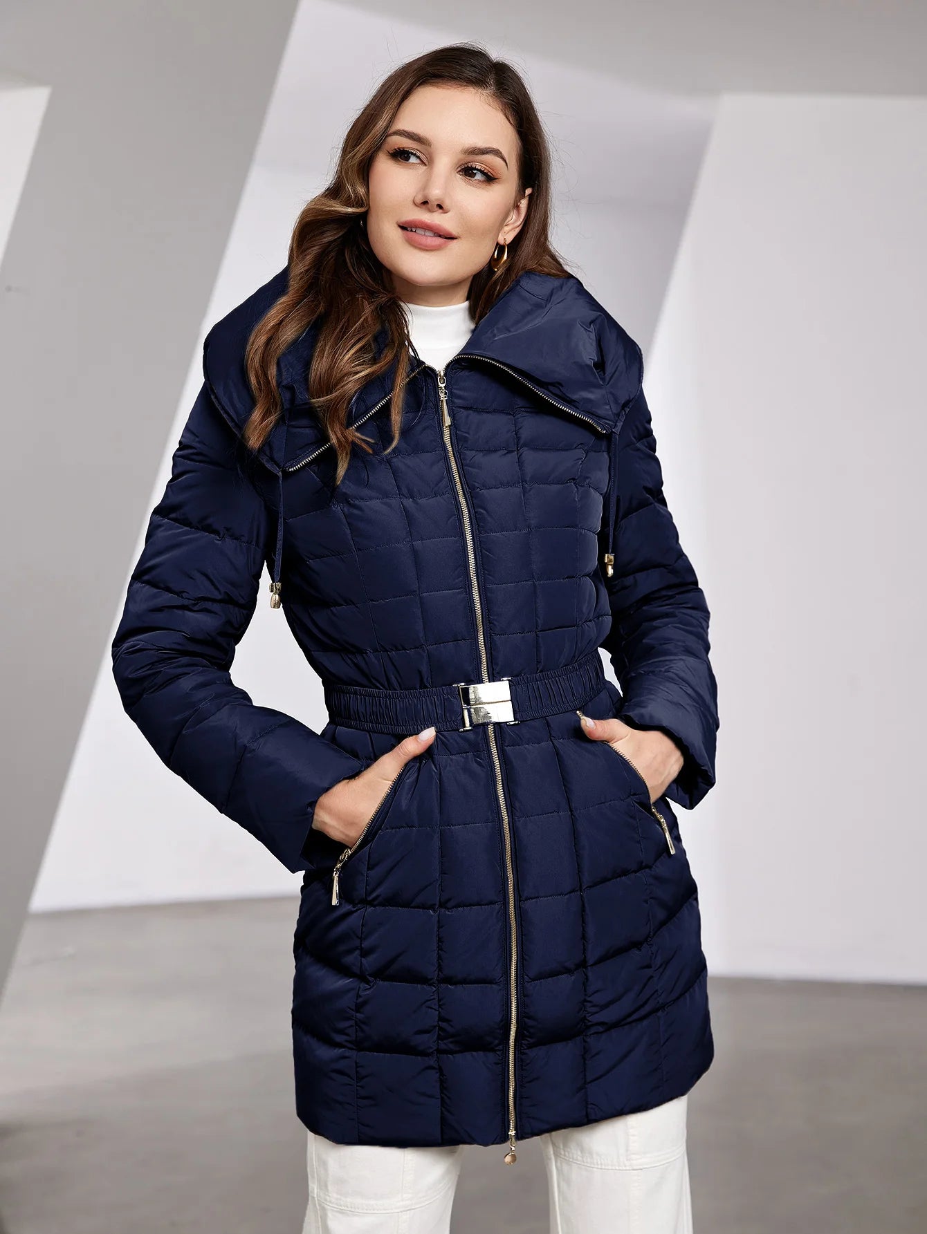 Astrid 2023 New Women's Winter Jacket Hooded Belt Long Parkas Warm Padding Puffer Plaid Quilted Coat Down Jacket Thick Snow Wear