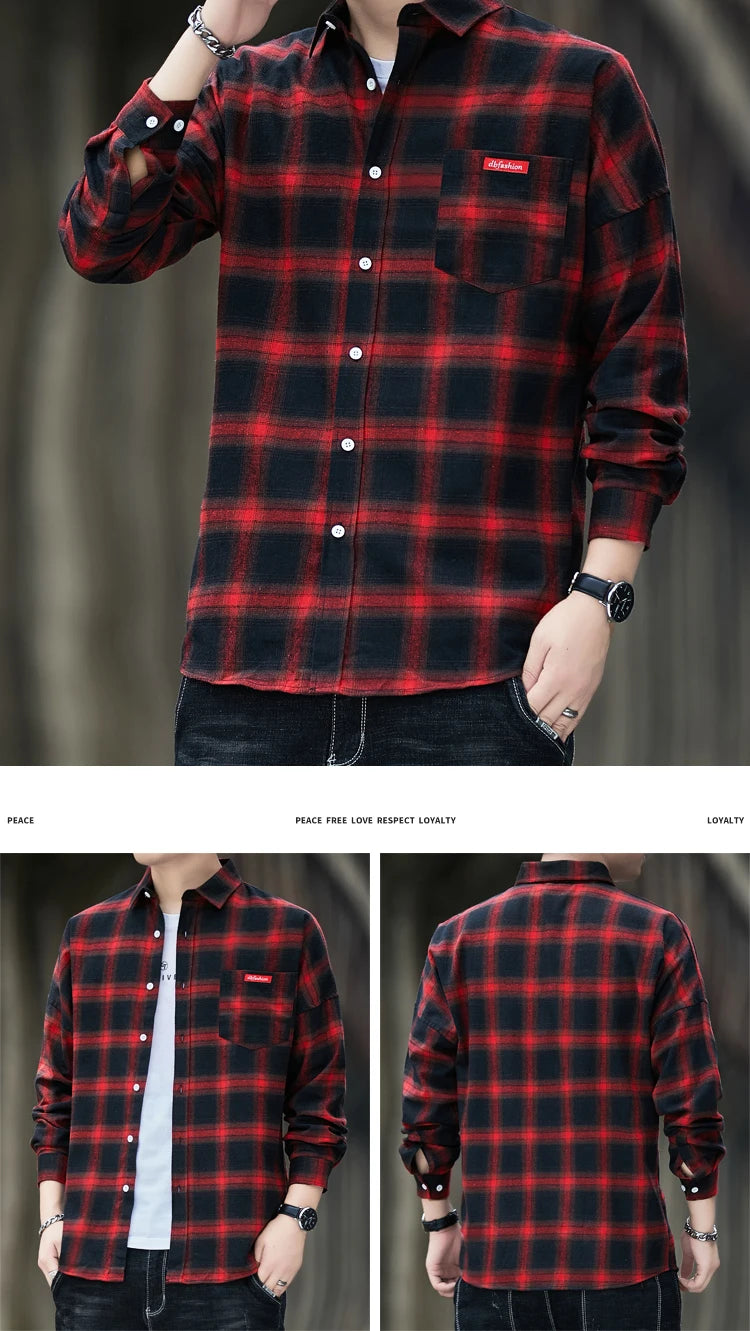 Autumn New Casual Men's Flannel Plaid Shirt Brand Male Business Office Red Black Checkered Long Sleeve Shirts Clothes