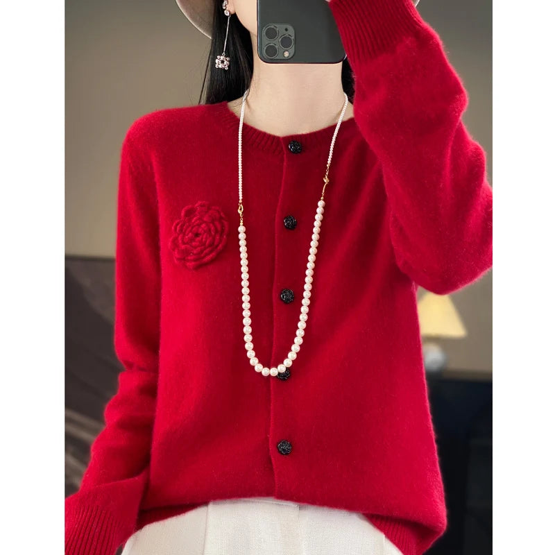 100% Merino Cashmere Sweater Women's Cashmere Cardigan sweater loose solid color autumn and winter comfort top - reetell