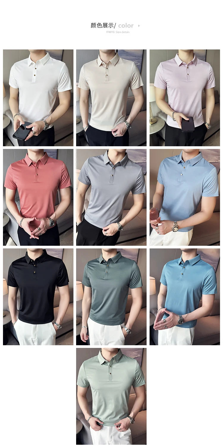 Ice Silk Traceless T-shirt Men's  Business Casual Solid Color Half Sleeve High Elasticity Top Silk Smooth Breathable POLO Shirt