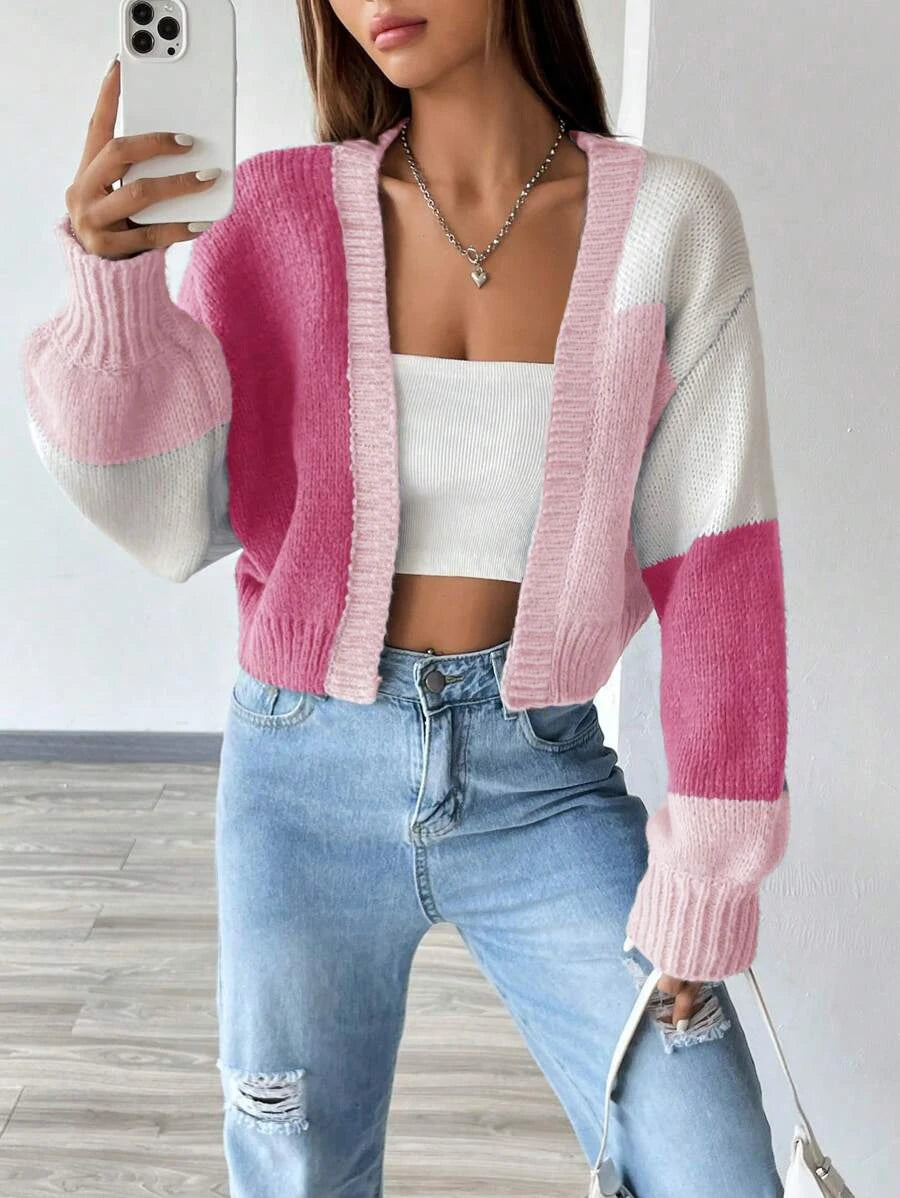 Color Block Open Front Knit Cardigan Casual Lantern Sleeve Crop Sweater Women's Clothing - reetell