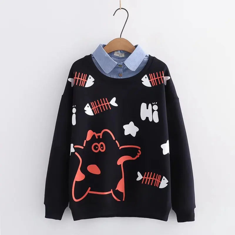 Hot Autumn Cute Fox Printing Hooded Sweatshirt Women Clothing Pullovers Plus Velvet Patchwork Female Sweet Thick Warm Hoodies - reetell