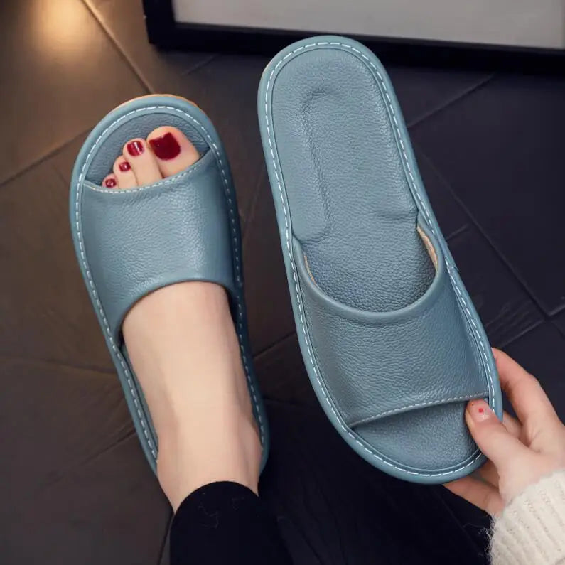 Genuine Leather Slippers Homes in indoor slipper summer open toe sandals men women elderly casual Slides shoes