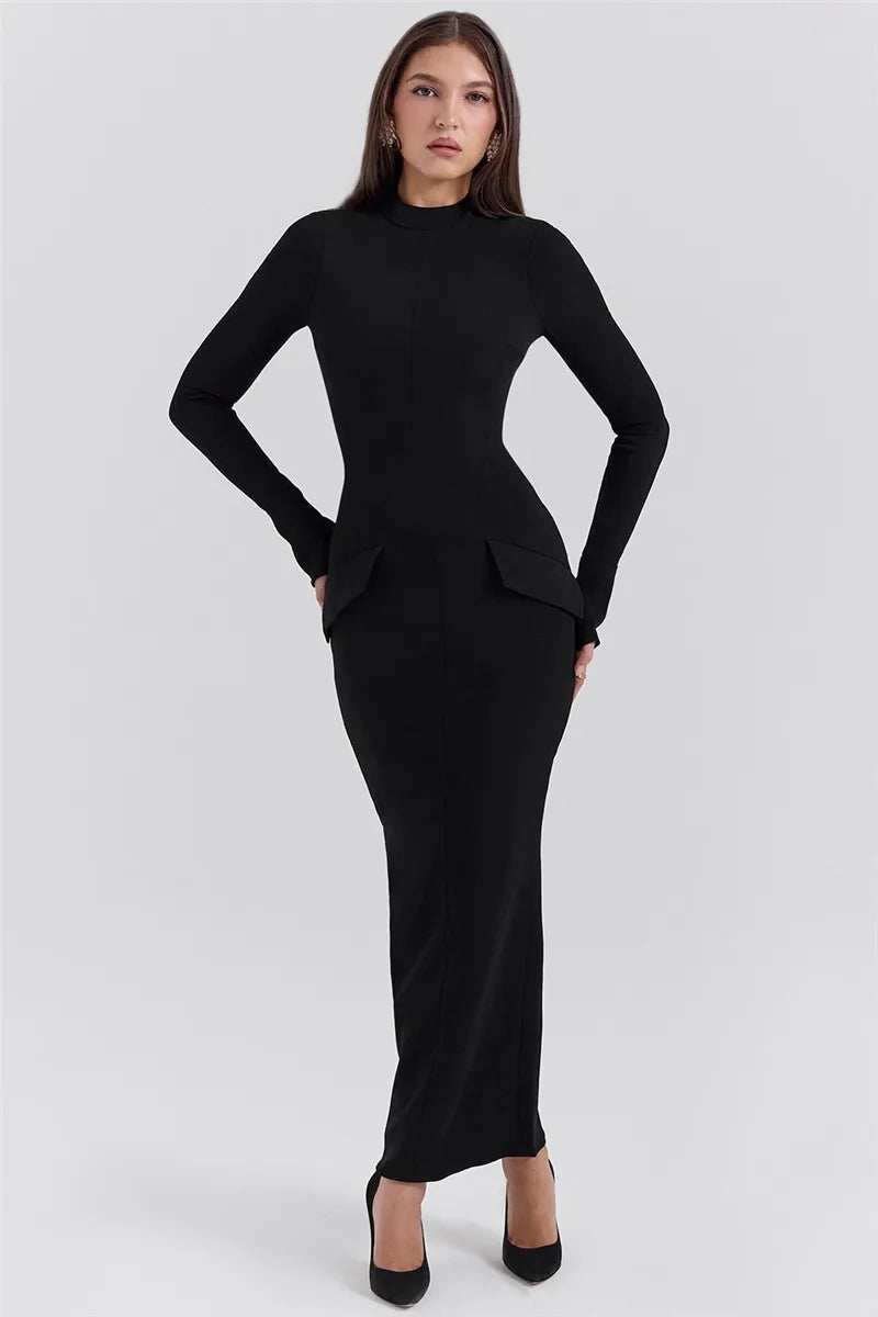 Mozision Black Long Sleeve Sexy Maxi Dress For Women Autumn Winter New O Neck Two Pocket Back Split Bodycon Long Dress Elegant - reetell