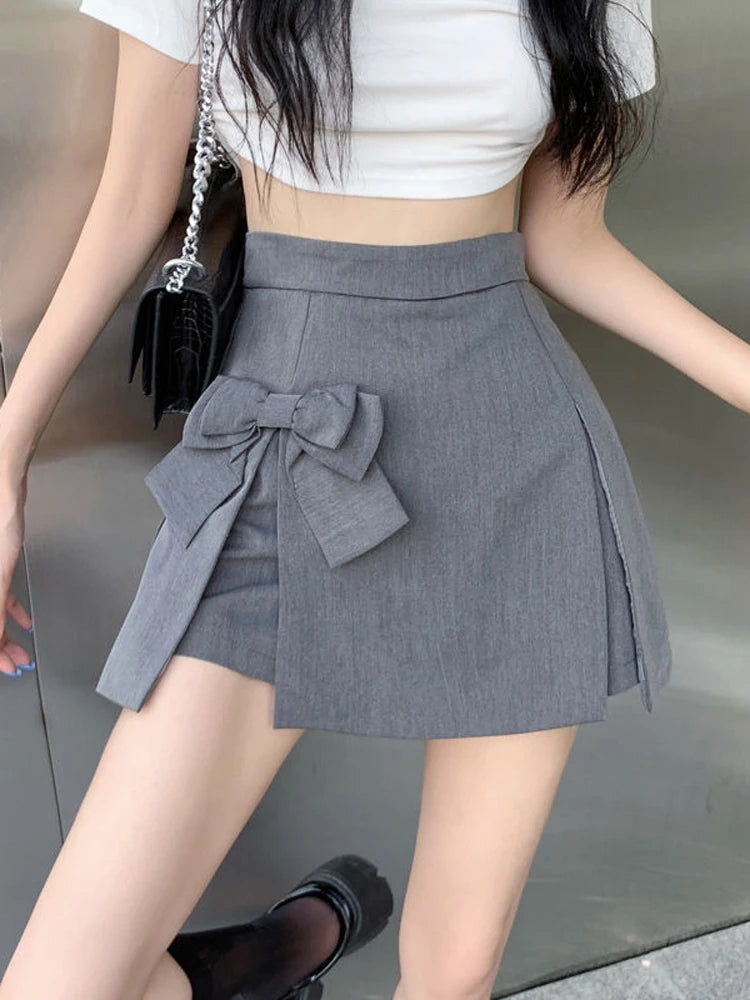 Zoki Cute Bow Women Sexy Pleated Skirt Janpan Sweet High Waist Student A Line Mini Skirt Summer Zipper Female Solid Color Skirt - reetell