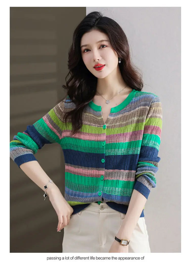 Fashion Women Clothing Colorful Striped Cardigan Sweater Spring Autumn New Korean Versatile Casual Long Sleeve Knitted Coats - reetell