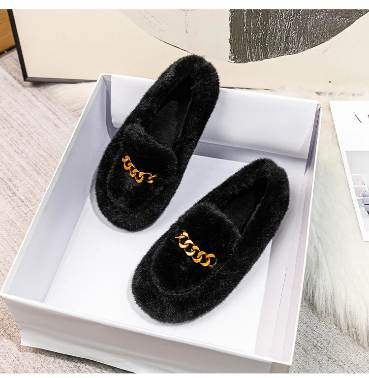 2023 winter women's outdoor plush warm shoes british style metal chain decoration snow boots boat shoes Ladies' casual flats - reetell