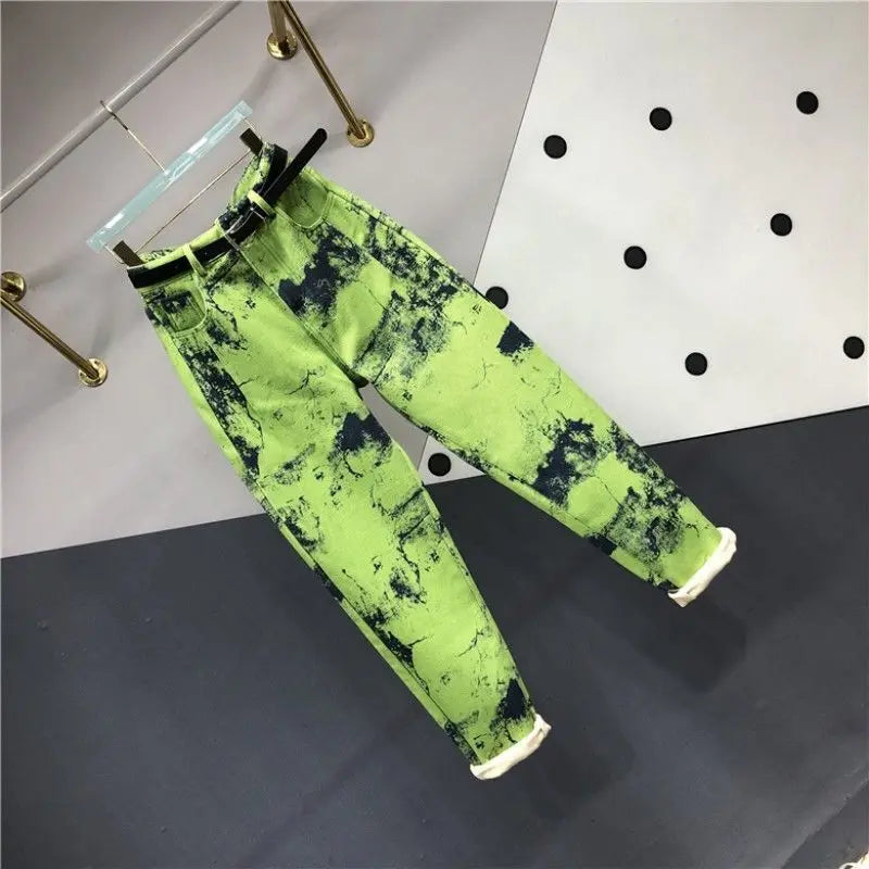 European Goods Heavy Industry Fashion Tie Dye Green Jeans Women's New Spring Summer High Waisted Loose Fit Slimming Harun Jeans - reetell