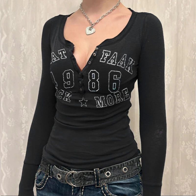 Black T-shirt Women Autumn Letter Print Streetwear Long Sleeves O-Neck Bodycon Sexy Top Button Fashion Casual Slim Tees Female - reetell