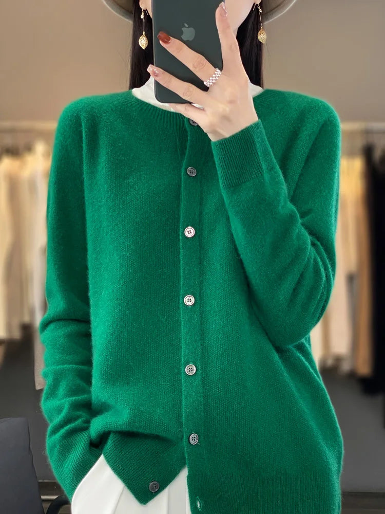 Fashion Women 100% Merino Wool Cardigans Cashmere Sweater Autumn Winter O-neck Long Sleeve Knitwear Female Basic Clothing Tops - reetell