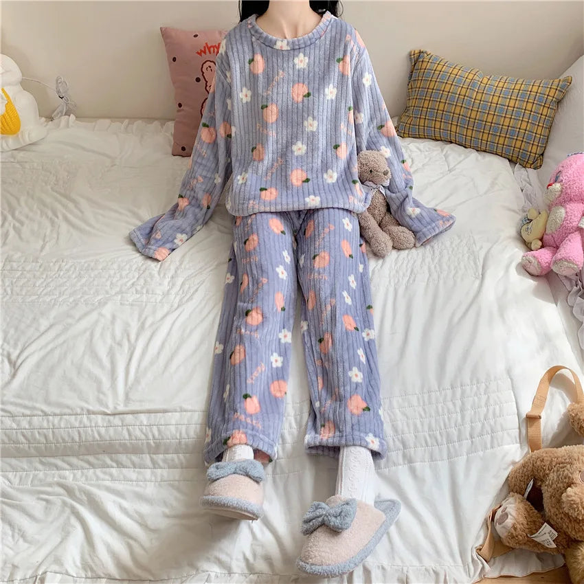 Autumn Women Solid Warm 2 Piece Sets Thicken Velvet Ribbed Fleece Set Pullover And Pants Women Casual Pajama Sets 2024 - reetell