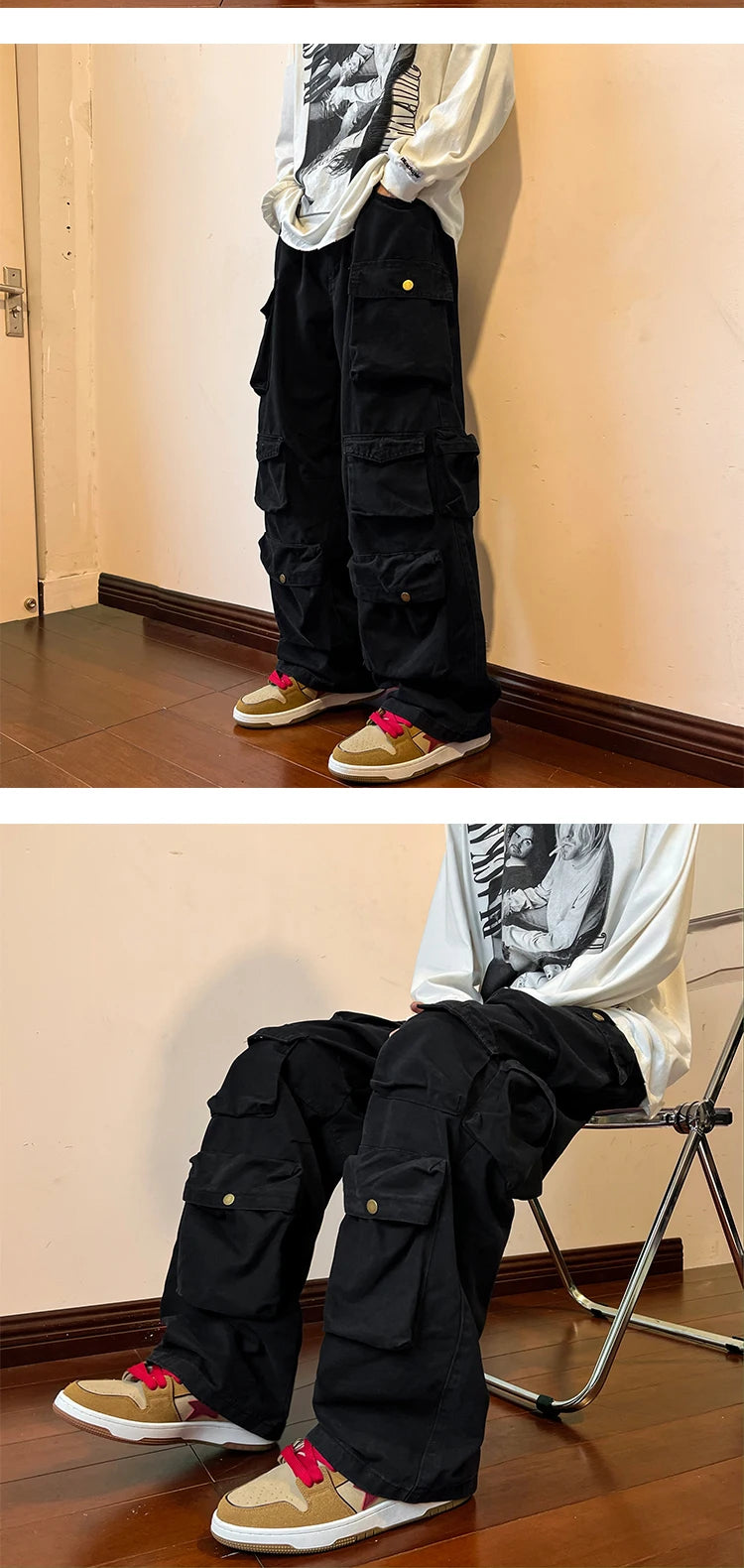 2023 Men Cargo Pants Multi-Pockets Tool Pants Harajuku Mens Vintage Loose Wide Leg Pants Streetwear Casual Hip-Hop Trousers