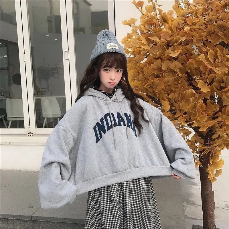 Autumn Thick Women Hoodies Fashion Loose Fake Two Piece Letter Printing Tops Harajuku Warm Preppy All Match Crop Sweatshirts - reetell