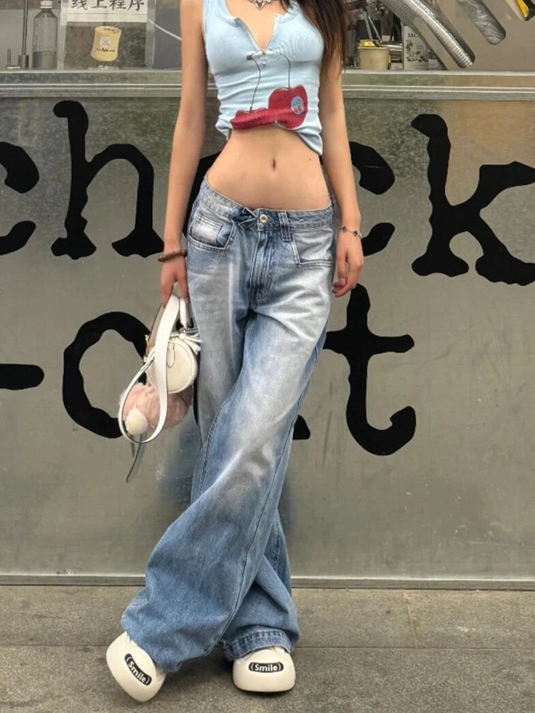 Women American Vintage Y2k Japanese Harajuku Streetwear Baggy Low Rise Denim Pants Long Trousers 2000s Aesthetic Jean Kpop Punk - reetell