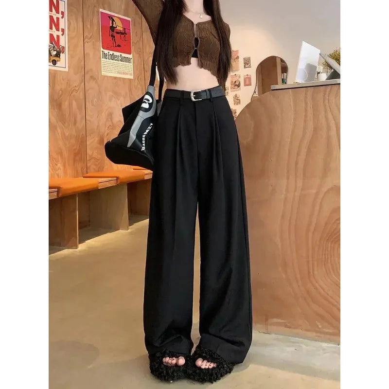 QWEEK Elegant Baggy Gray Suits Pants Woman Oversized Office Ladies Casual Korean Fashion Classical Trousers High Waist Summer - reetell