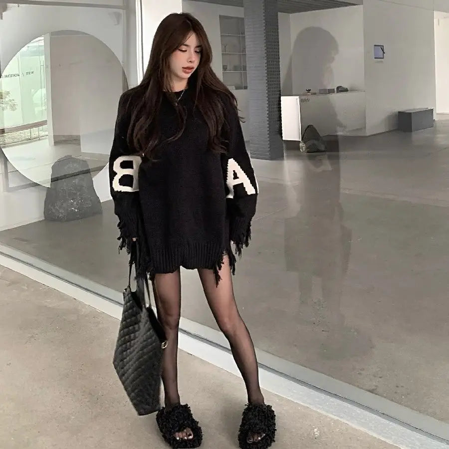 Letter Long Knitted Sweaters for Women Turtleneck Black Torn Female Pullover Clothes Sale All Cheap Harajuku Basic Youthful Top - reetell