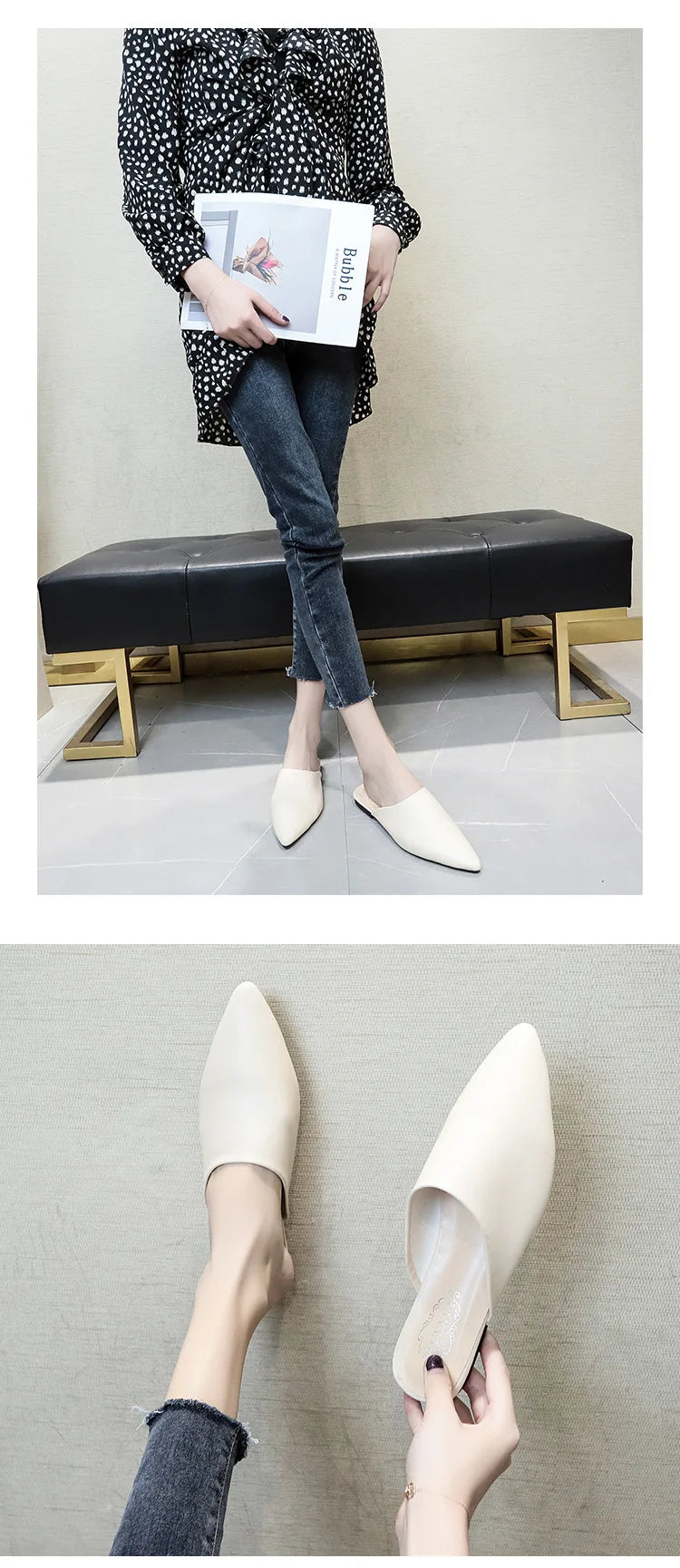 Women Spring Summer Slippers Mules Soft Leather Pointed Toe Slip On Sandalias Soild Mature Fashion Casual Low-heeled Shoes Mujer